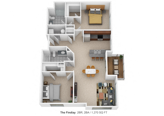 Floor plan for 2 beds, 2 baths, 1270 sqft